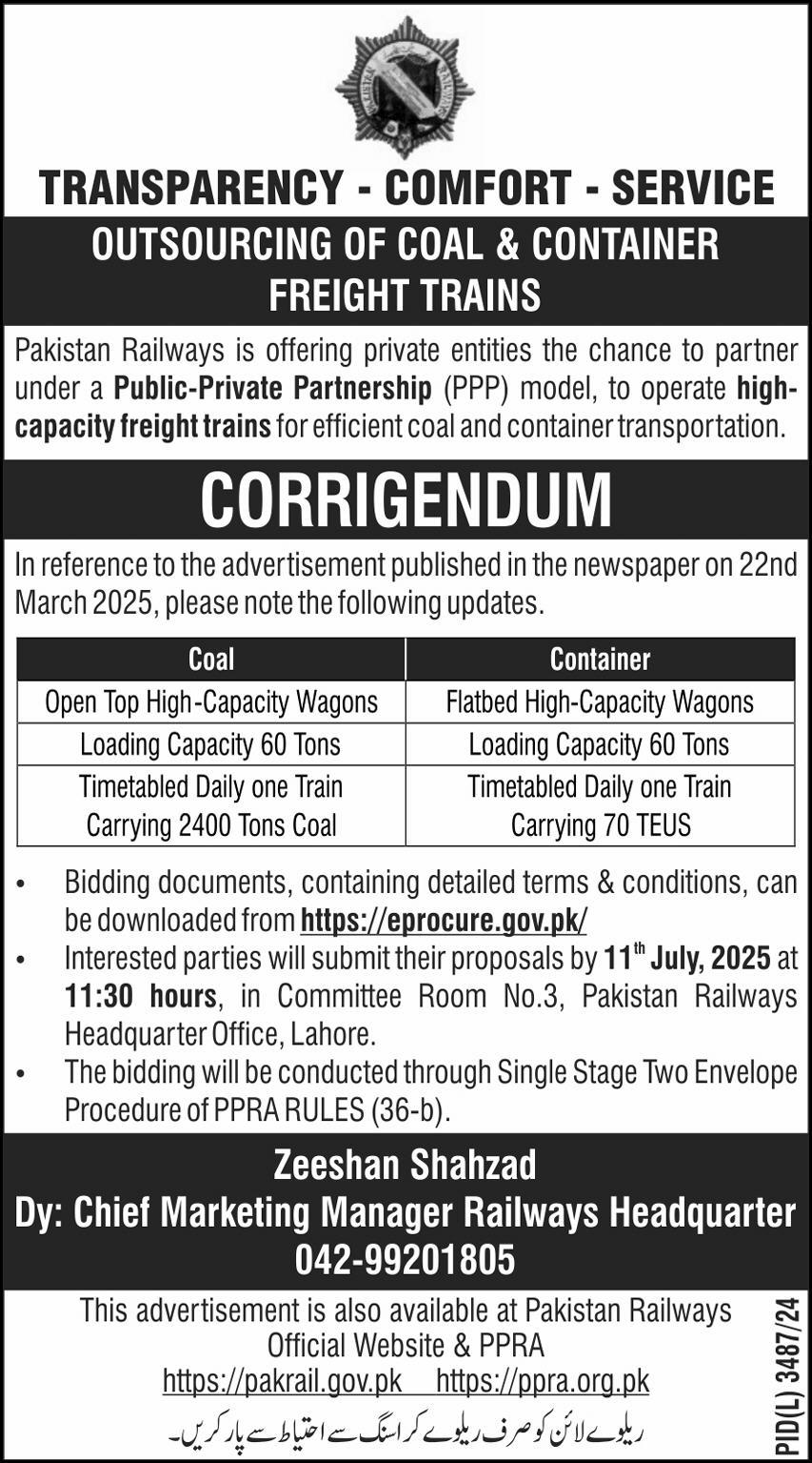 Pakistan Railwaus Lahore Tender Notice